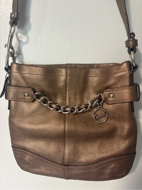 Coach Metallic Bronze Leather Shoulder Bag with Silver Chain