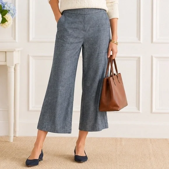 Banana Republic Womens Navy Linen Blend Wide Leg Crop Pants 8 Preppy Office