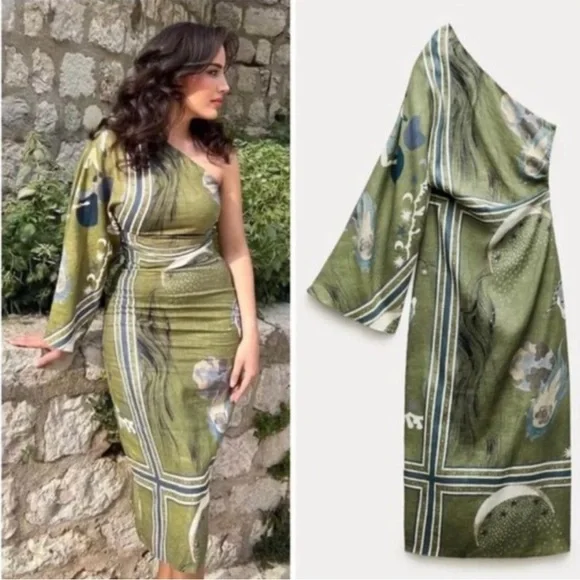 Zara Asymmetrical Olive green dress COLLECTION PRINTED bloggers collection