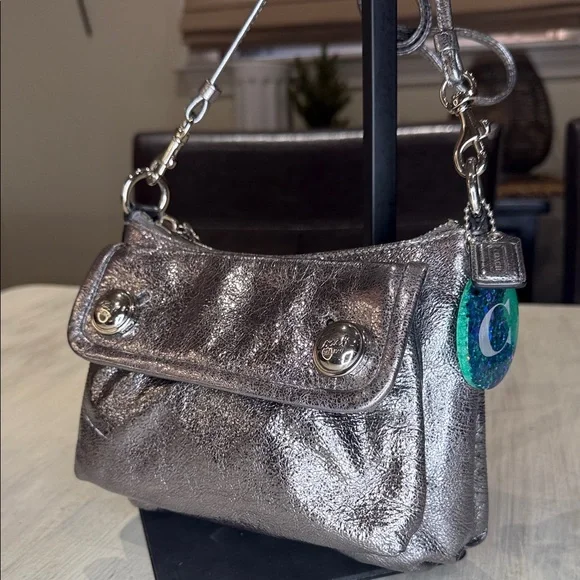 Rare Coach Poppy Limited Edition Metallic Double Button Silver Crossbody