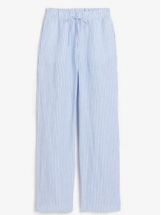 H&M Blue White Striped Pull-On Linen Blend Pants Size Small nautical preppy