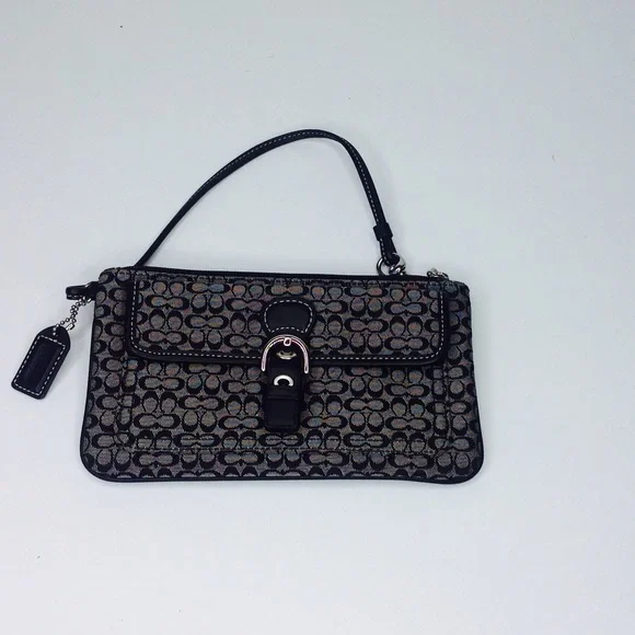 Coach Black Wristlet Canvas Leather Trim Signature