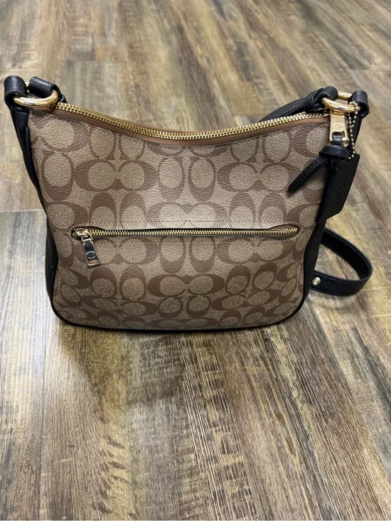 Coach Brown Signature Coated Pebbled Canvas Shoulder Bag Black‎ Trim