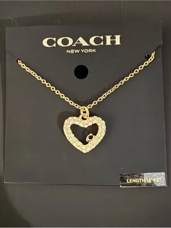 Coach Gold Crystal Open-Heart Pendant Necklace