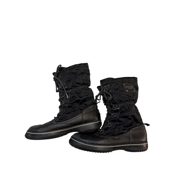 Coach Black Signature Monogram Leather Nylon Snow Winter Boots Mid-Calf Womens‎