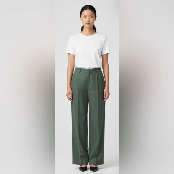 H&M‎ Pants Womens Size 16 Olive Green Linen Woven Pleated Front Slacks Career