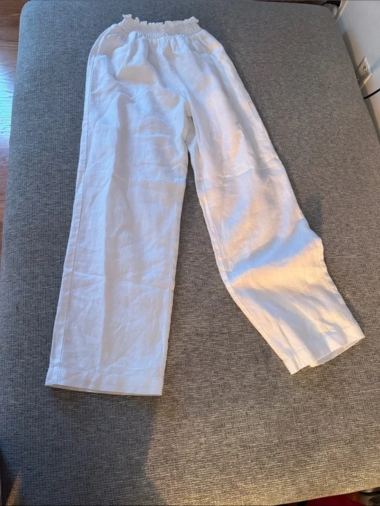 Reformation White Ruffled Smocked Waist linen pants