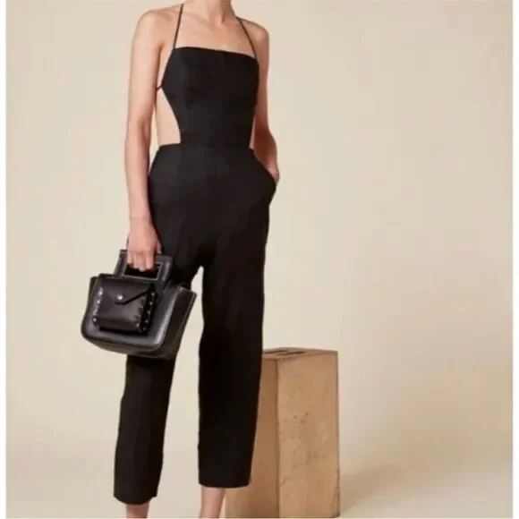 Reformation Rufus Jumpsuit Black Backless Back Linen Tie Straps Pockets Crop Sz4