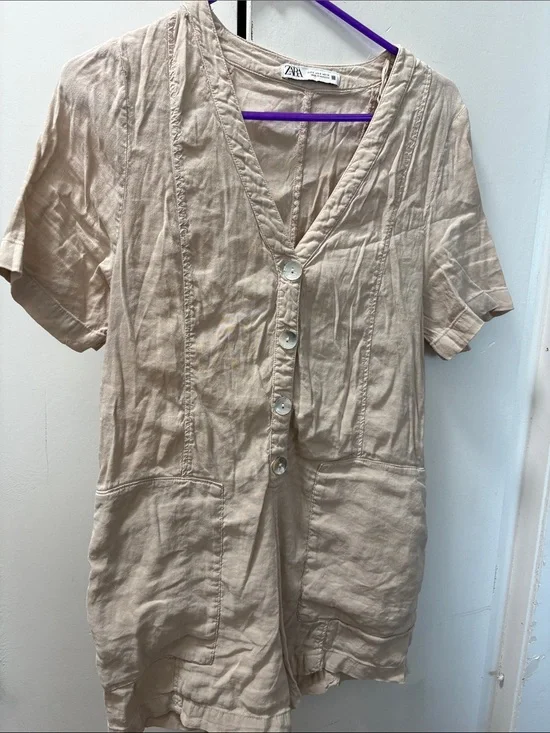 Zara Beige V-Neck Button Front Linen Tunic