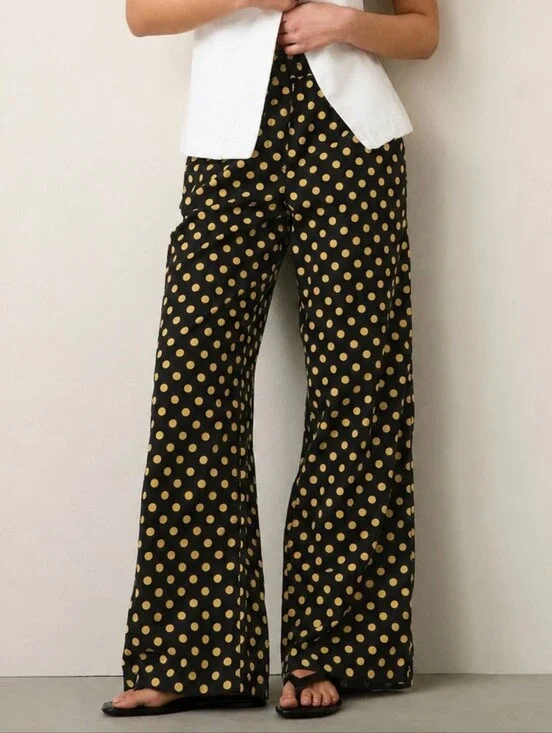 Reformation 100% Linen Black Wide Leg Pants with Gold Polka Dots Size S