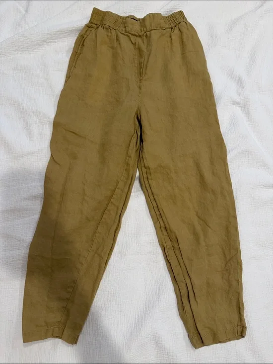 Women Casual Elastic Waist beige Linen Pants