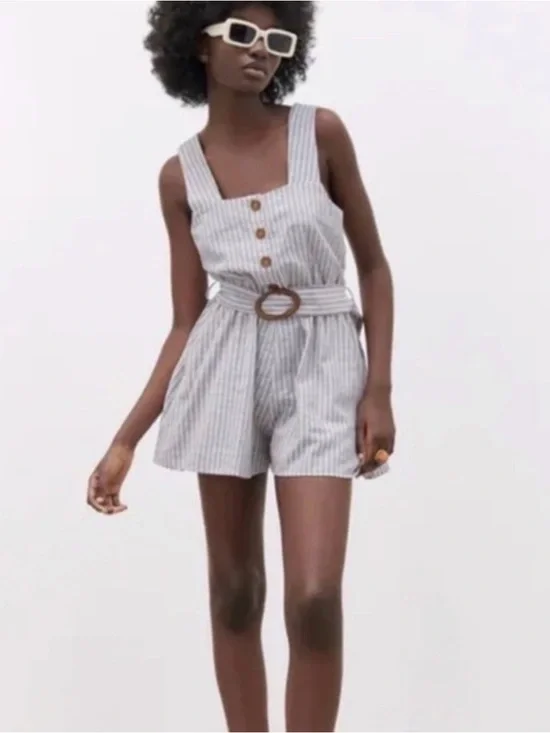 Zara Light Blue Striped Belted Romper L