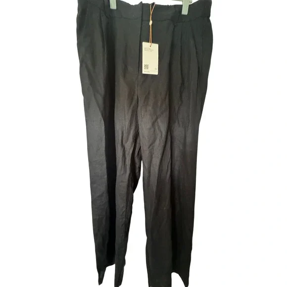 Quince Black European Linen Pleated Elastic Waist Pants Womens 14 New