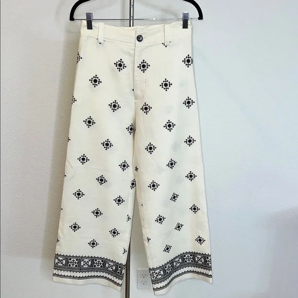 Zara Embroidered Linen Blend Culotte Crop Pants