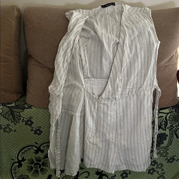 Zara Basic White and Black Striped wrap tie linen romper/jumpsuit