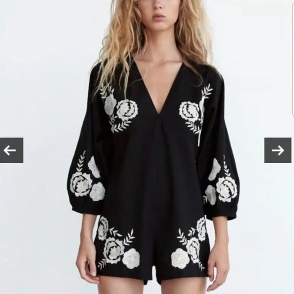 NWOT Zara Black Embroidered Boho Romper XS Balloon Sleeve Festival Playsuit