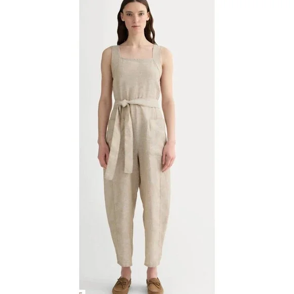 Everlane Linen Jumpsuit Size 14 Beige Belted Square Neck Button Sides Sleeveless