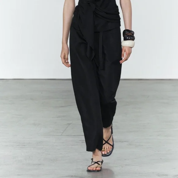 Zara Black Wide-Leg Linen-Blend Pant