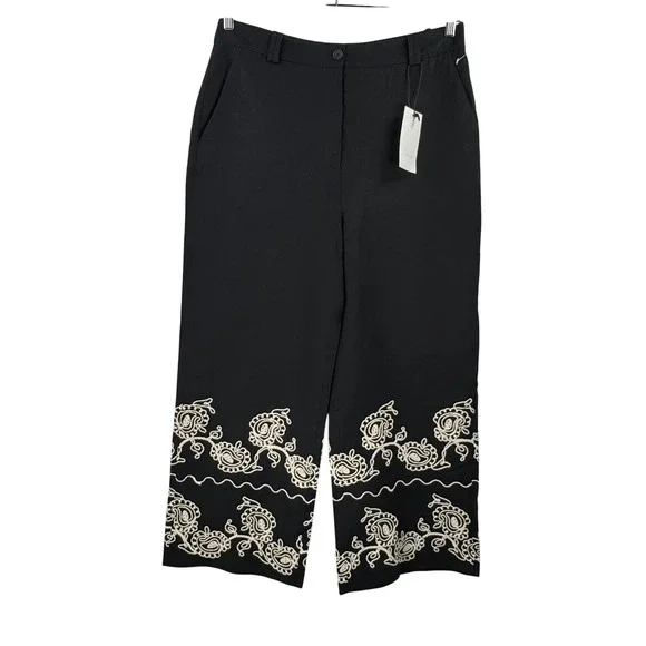 Zara Wide Leg Pants sz XXL Black Embroidered Linen Blend Paisley boho