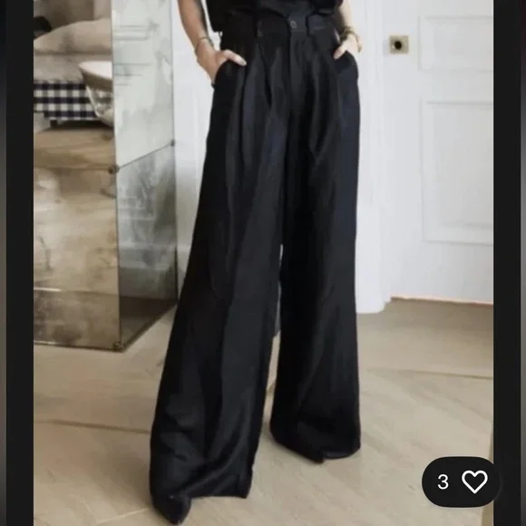 Anine Bing Carla Pleated Twill Wide Leg Trousers Pants Linen Blend Black Size 34