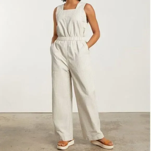 Everlane The Fatigue Apron Organic Cotton Linen Blend Jumpsuit Navy Stripe 8