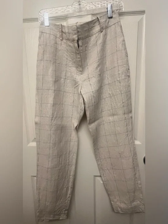 Sezane Beige Windowpane Linen Blend Pants