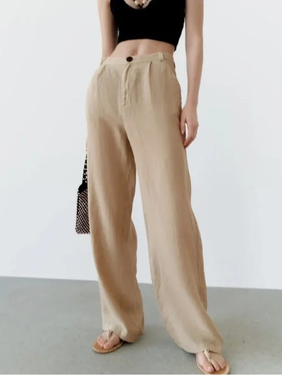 NWT Zara High Waisted Pleated Wide-Leg Linen-Blend Trousers - Beige