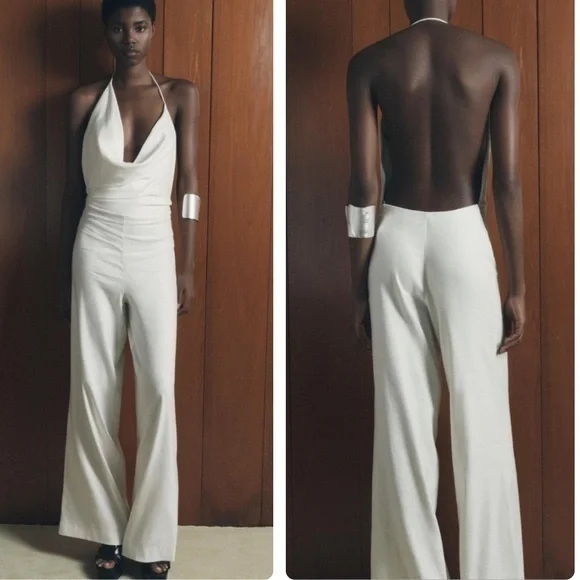 Zara NWT Linen Blend Halter Backless Wide Leg Jumpsuit Ivory Small 1058/031