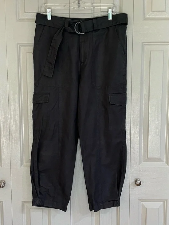 Quince Organic Cotton Linen Twill Cargo Pant  Women's Large Charcoal Gray Belted