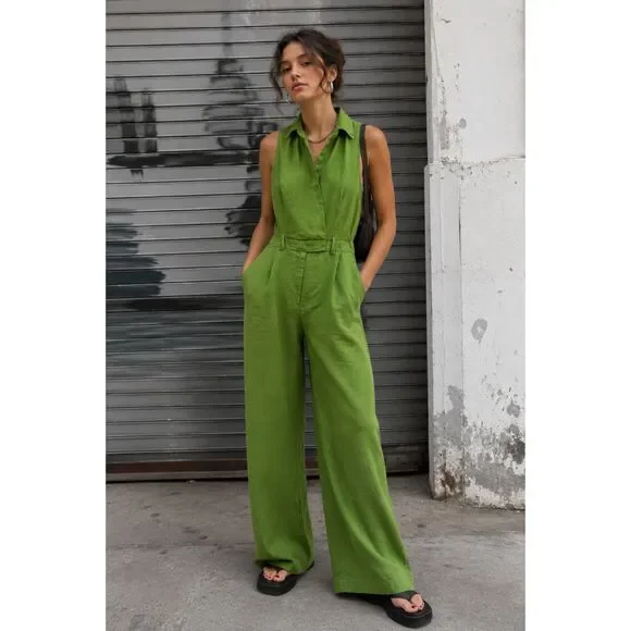 ZARA Green Linen Belted Sleeveless Wide Leg Jumpsuit Overalls Women's Size Small