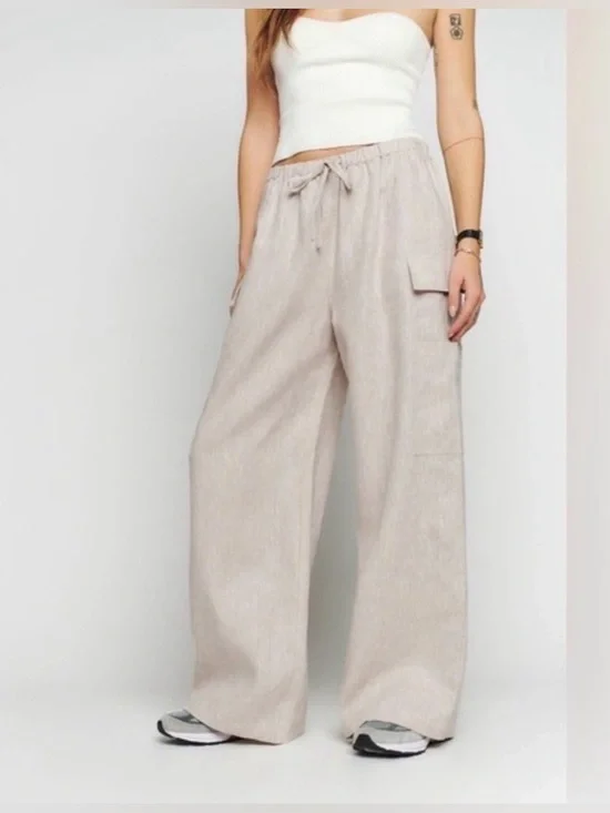 Reformation Ethan linen cargo pants in oat wide leg XL plus size