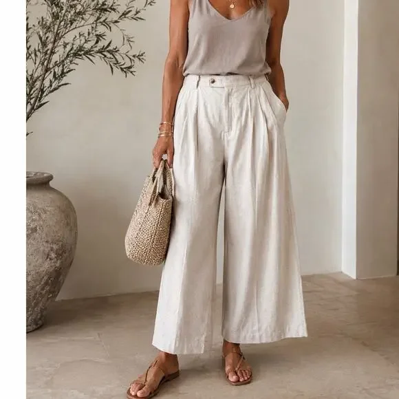 Banana Republic Linen-Blend Wide-Leg Pleated Trouser Pants Beige Womens Size 8