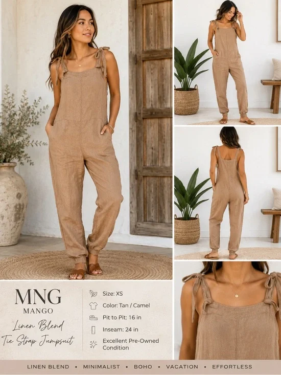 Mango Tie-Shoulder Linen-Blend Jumpsuit in Tan/Camel