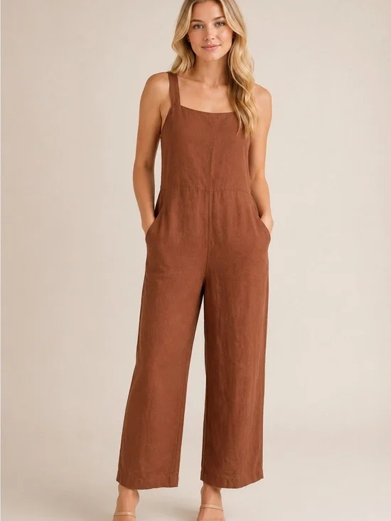 Everlane The Linen Side-Button Jumpsuit Wide Leg Brown Pockets 25694