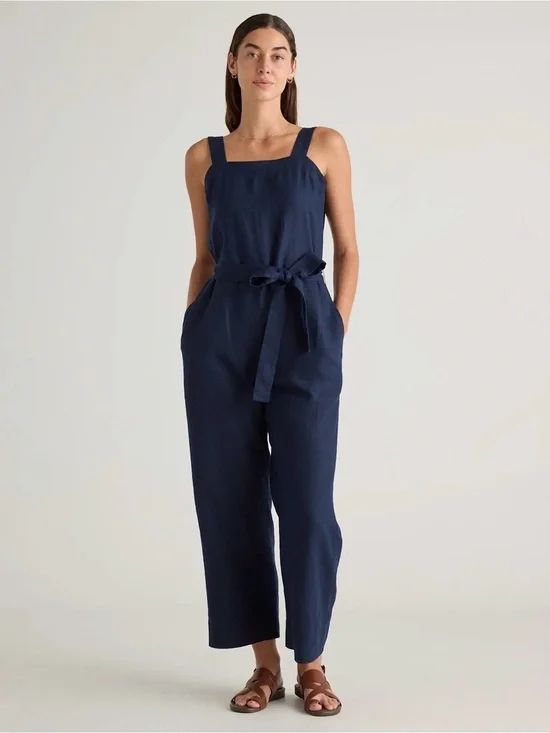 Quince 100% European Linen Square Neck Jumpsuit in Deep Navy Size Small