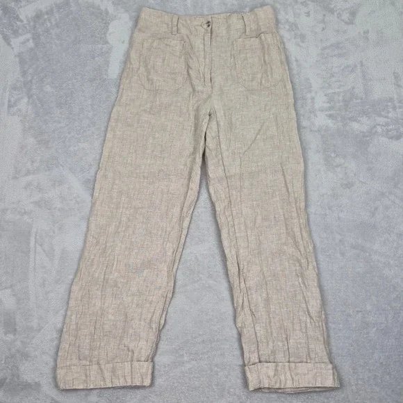 Quince Womens 100% European Linen Wide Leg Trouser Flax Beige Cuffed 2 Beachy