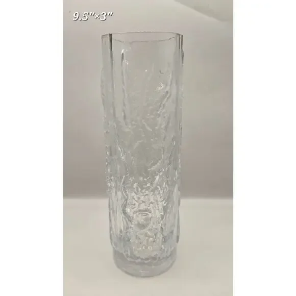 Vintage Ice Glass Vase Tall Clear Textured Bark Mid Century Modern‎ Scandinavian