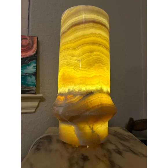 Vintage Natural Banded Onyx Cylinder Table Lamp Amber Stone 12in‎ Good Condition
