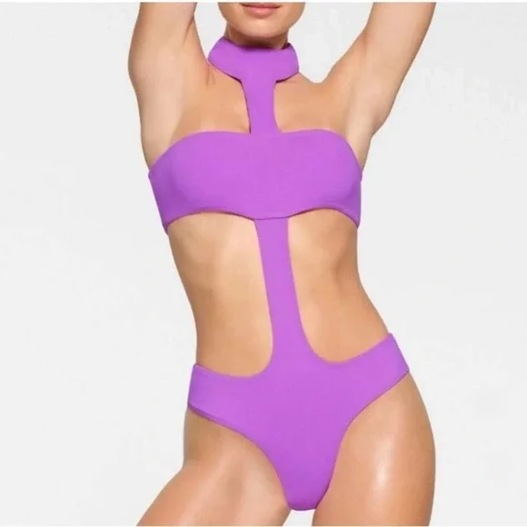 SKIMS XL Purple Monokini Swimsuit Cut-Out Halter Bandeau One piece