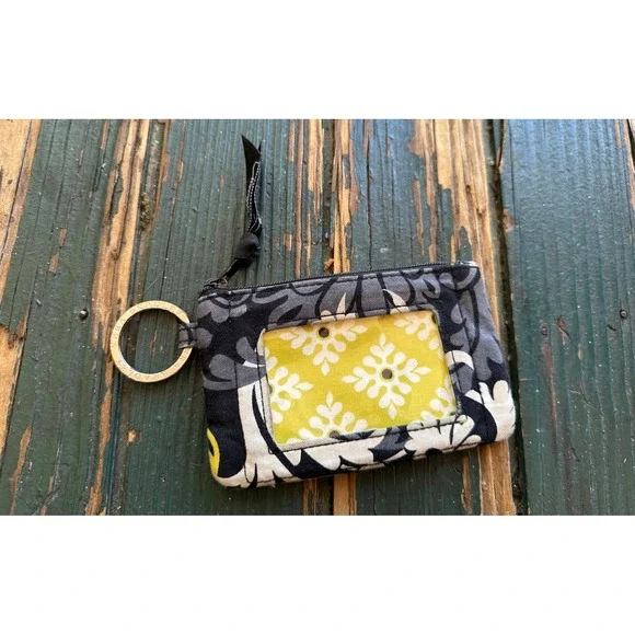 Vera Bradley Zip‎ ID Case Wallet Keychain Floral Yellow Grey Black Floral