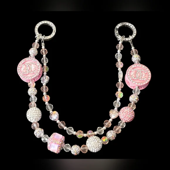 Elegant Pink Beaded Double C Bag Charm