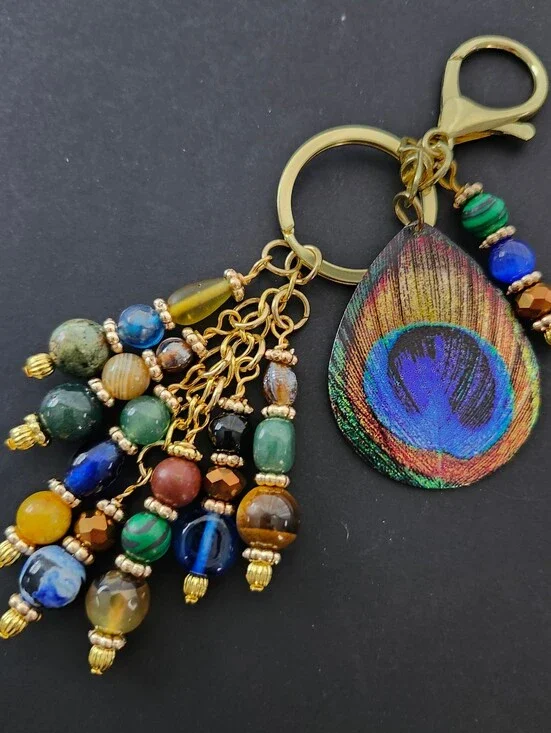 Peacock Purse Charm or Keychain Malachite Jasper Aventurine Handcrafted