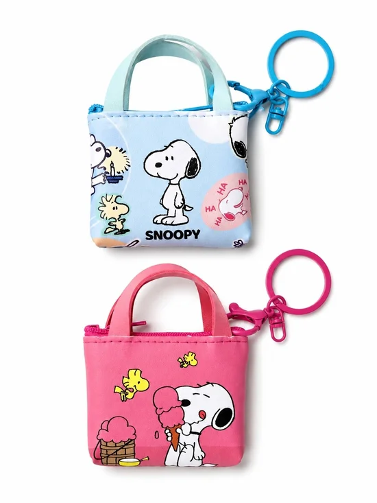 2PK Peanuts Snoopy Mini Tote Bag Keychain Pouch Set NEW