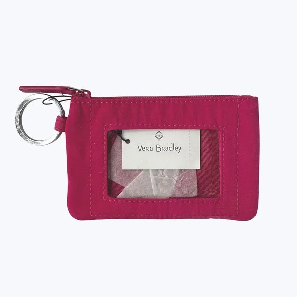 Vera Bradley Zip ID Case Fuchsia Pink Microfiber Keychain Wallet Travel NEW