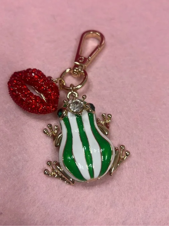 Green & White Striped Frog Keychain Bag Charm with Red Lip Charm