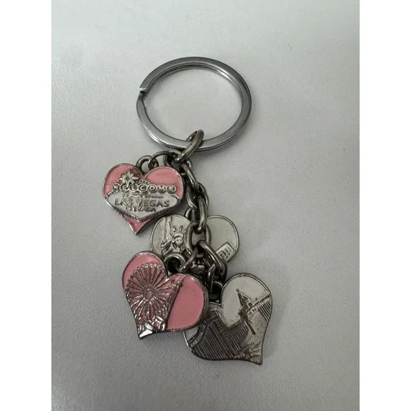 Las Vegas Souvenir Keychain Pink Heart Multi Charm I Heart LV Silver Tone Dangle