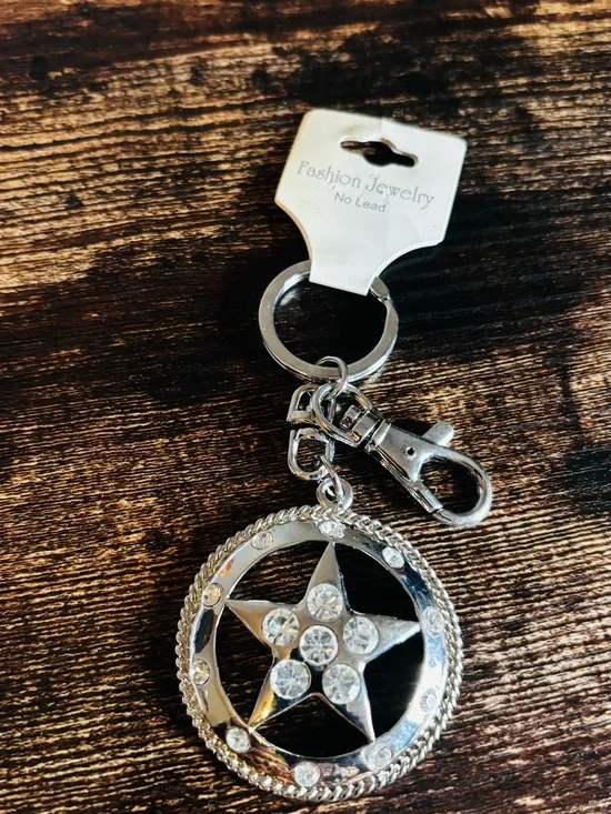Silver-tone Star Keychain with Rhinestone Crystal Accent‎