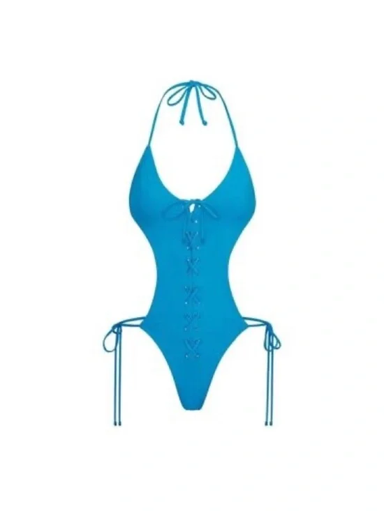 SKIMS Bright Blue Lace-Up One-Piece Swimsuit