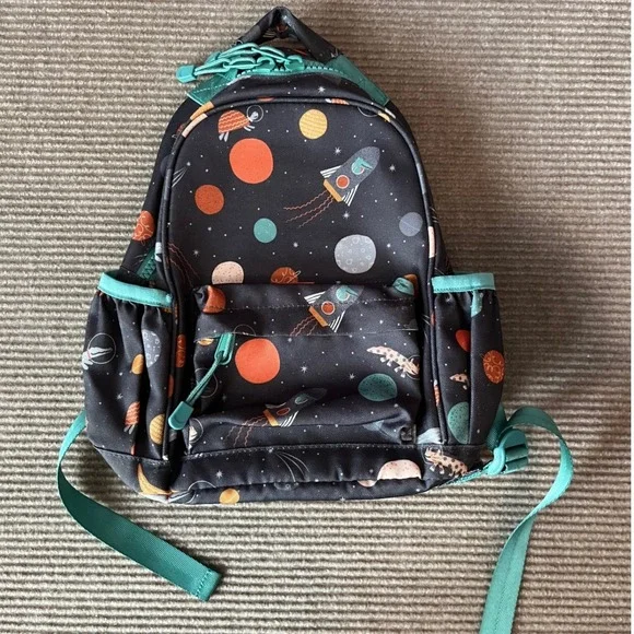 Crate & Kids Outer Space Galaxy Print Small Backpack Black Teal Rocket Ship