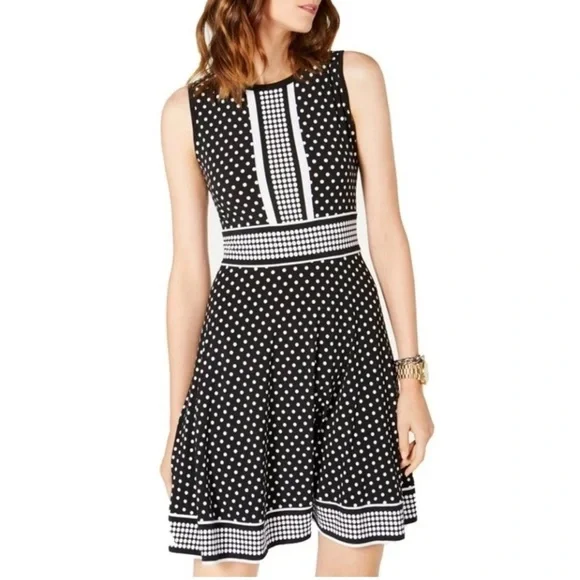 Michael Kors black white polka dot fit and flare sleeveless dress medium petite